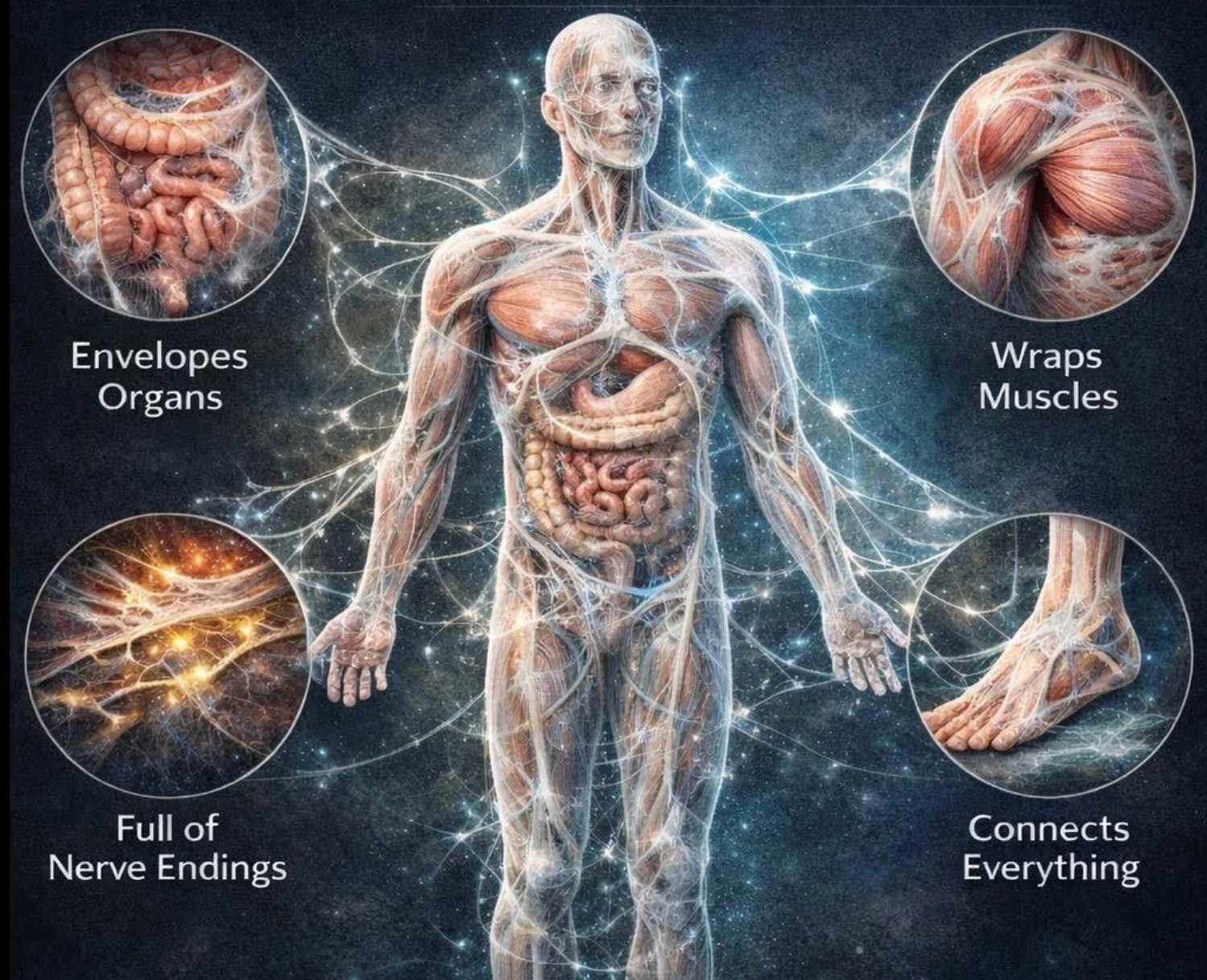 Illustration of fascia wrapping muscles and organs throughout the body